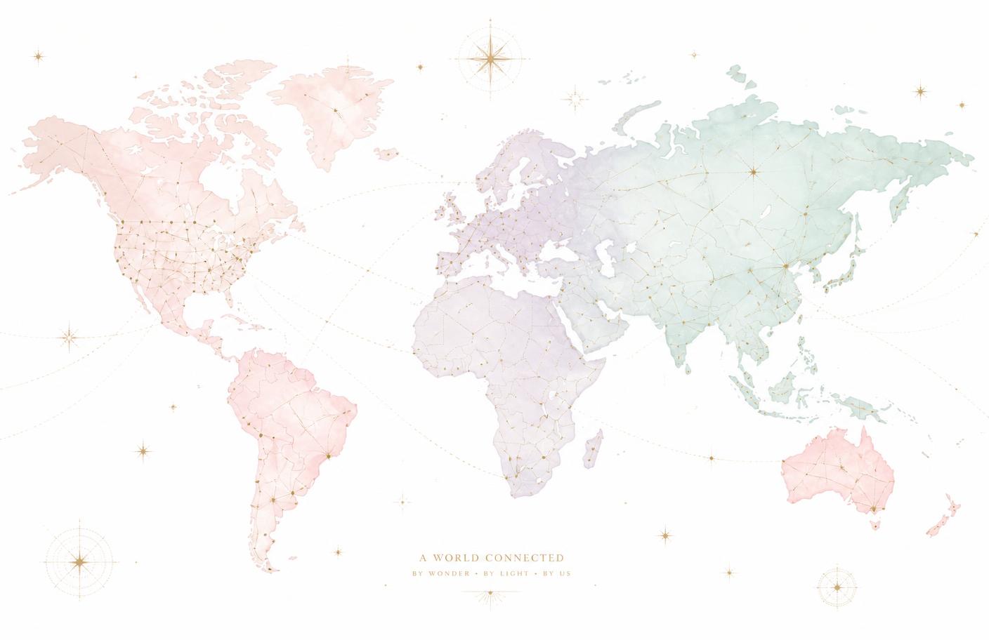 Pastel constellation map of LOVE cities worldwide